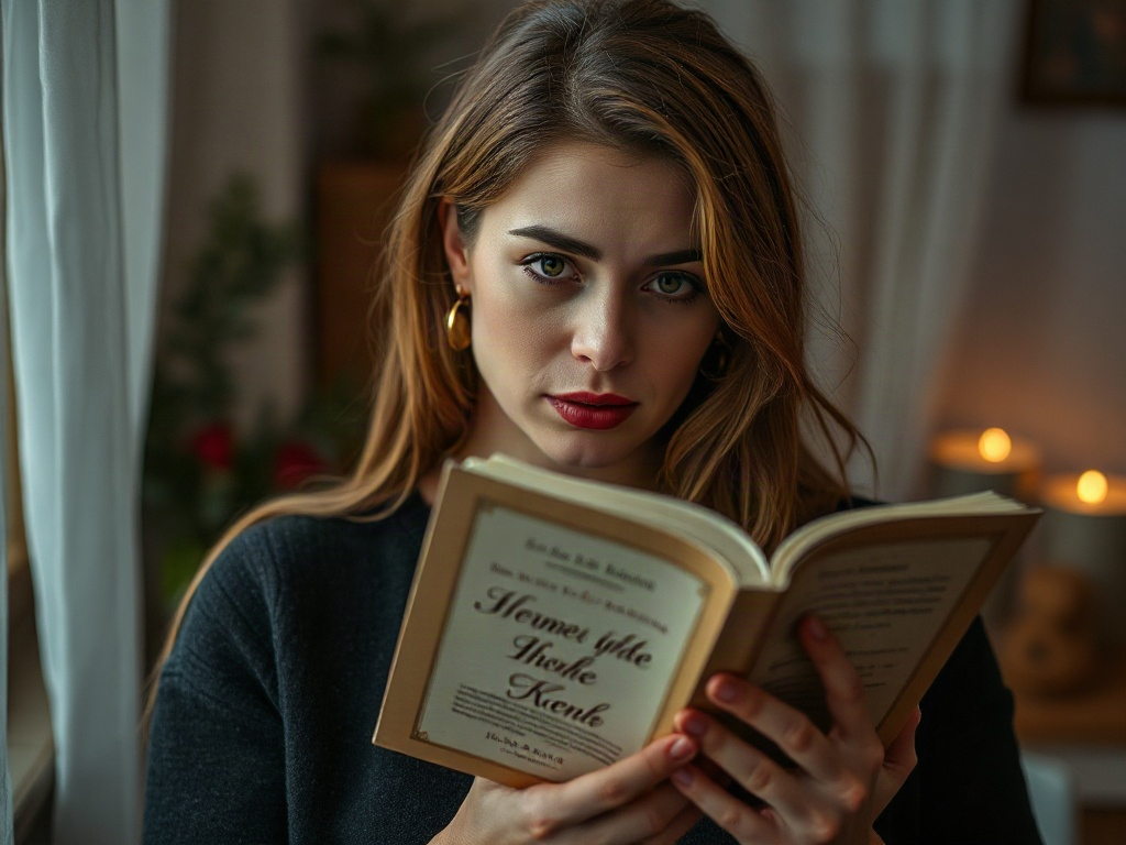 Молодая женщина с длинными каштановыми волосами держит книгу и смотрит в камеру с интересом.